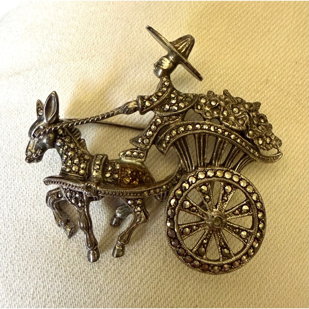 Alice Caviness Germany Sterling Silver & Marcasite Pin Donkey Flower Cart